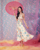 White-Orange Flower Pattern Halter Silk Dress