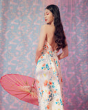 White-Orange Flower Pattern Halter Silk Dress