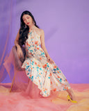 White-Orange Flower Pattern Halter Silk Dress