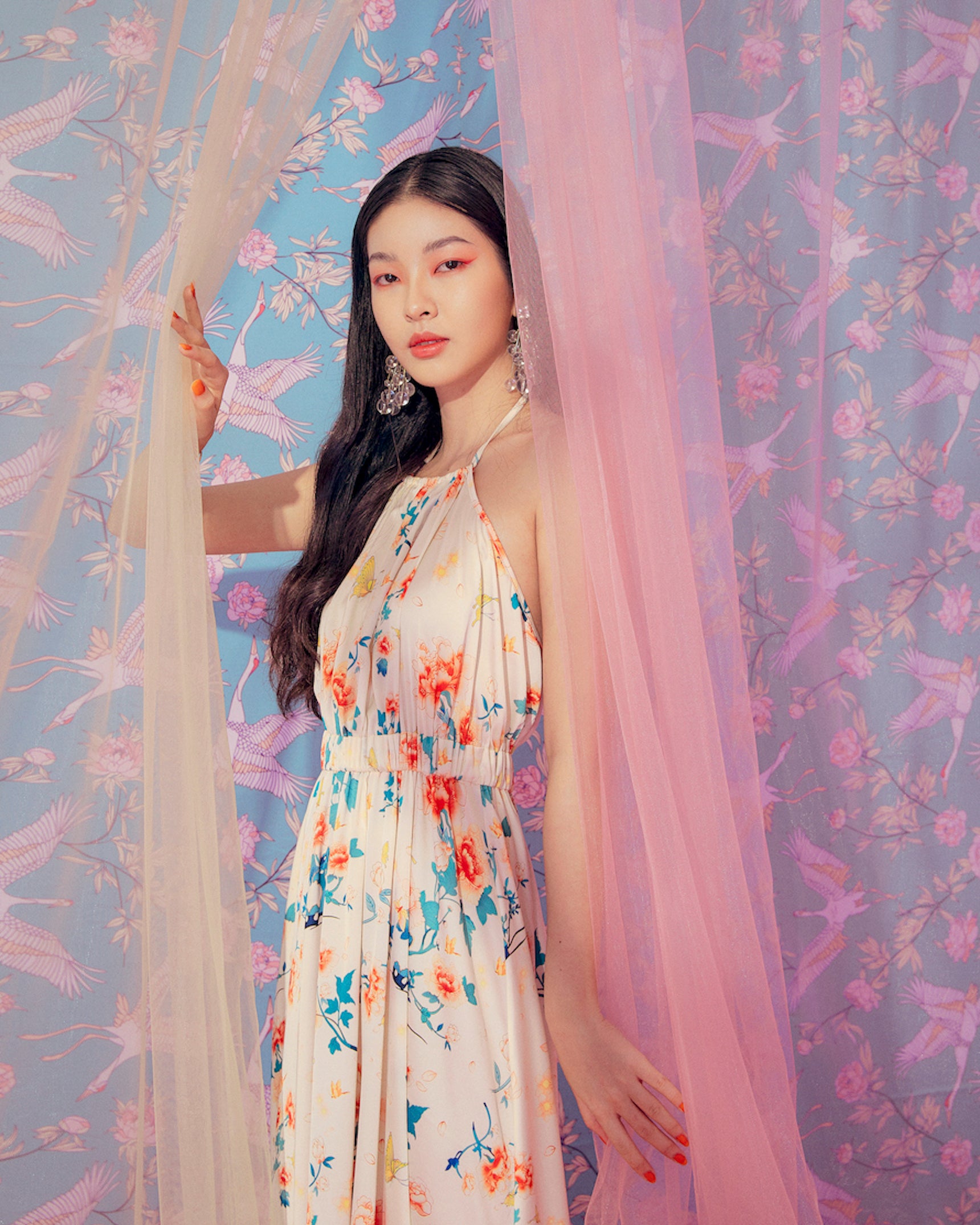 White-Orange Flower Pattern Halter Silk Dress