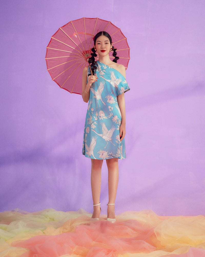 Turquose Flamingo Off Shoulder Silk Dress