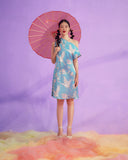 Turquose Flamingo Off Shoulder Silk Dress