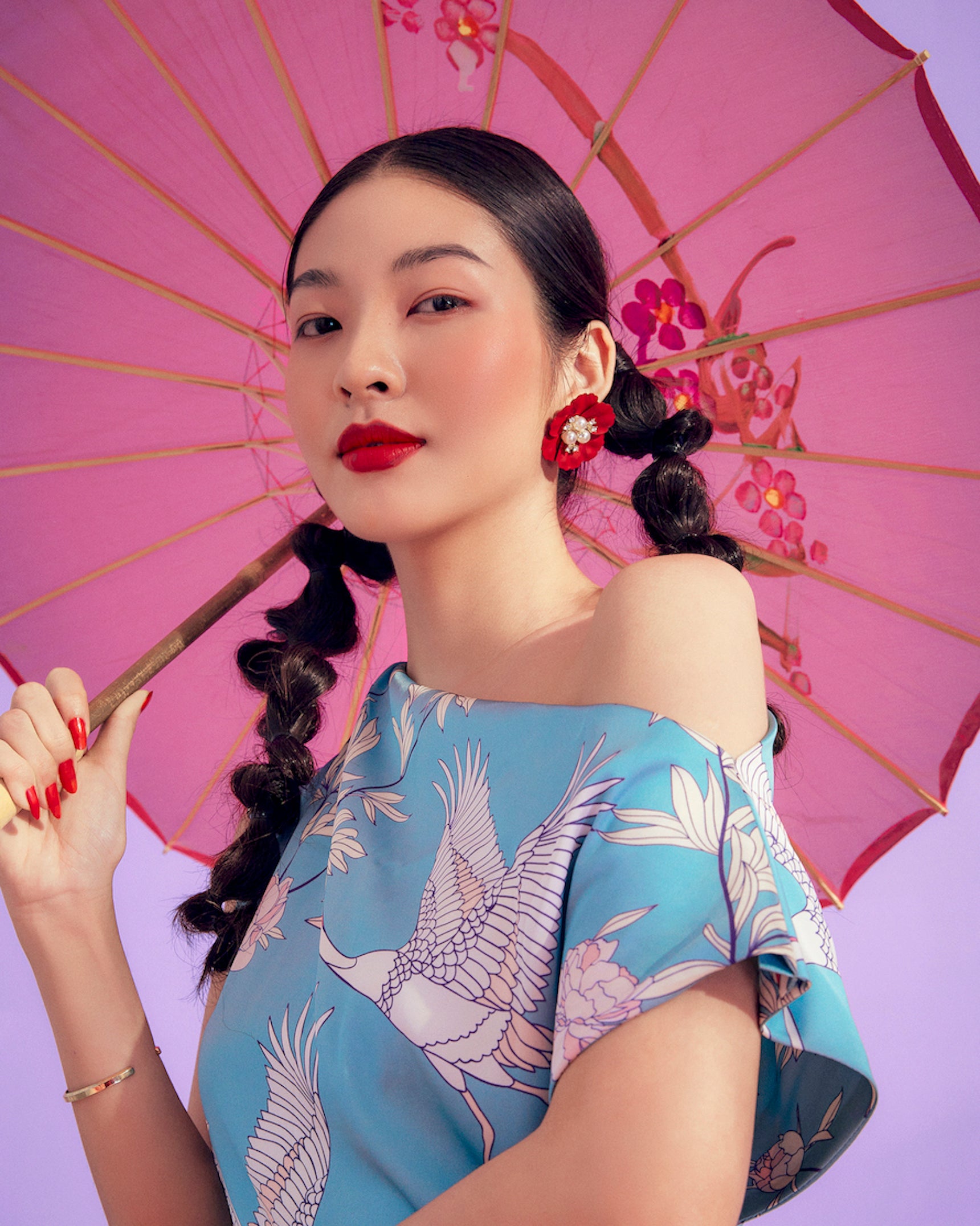 Turquose Flamingo Off Shoulder Silk Dress