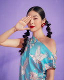 Turquose Flamingo Off Shoulder Silk Dress