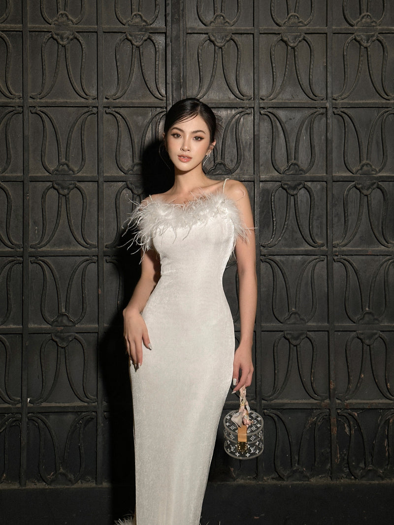 Đầm Thun Dài Basic Viền Lông Vũ (Sposa Dress)