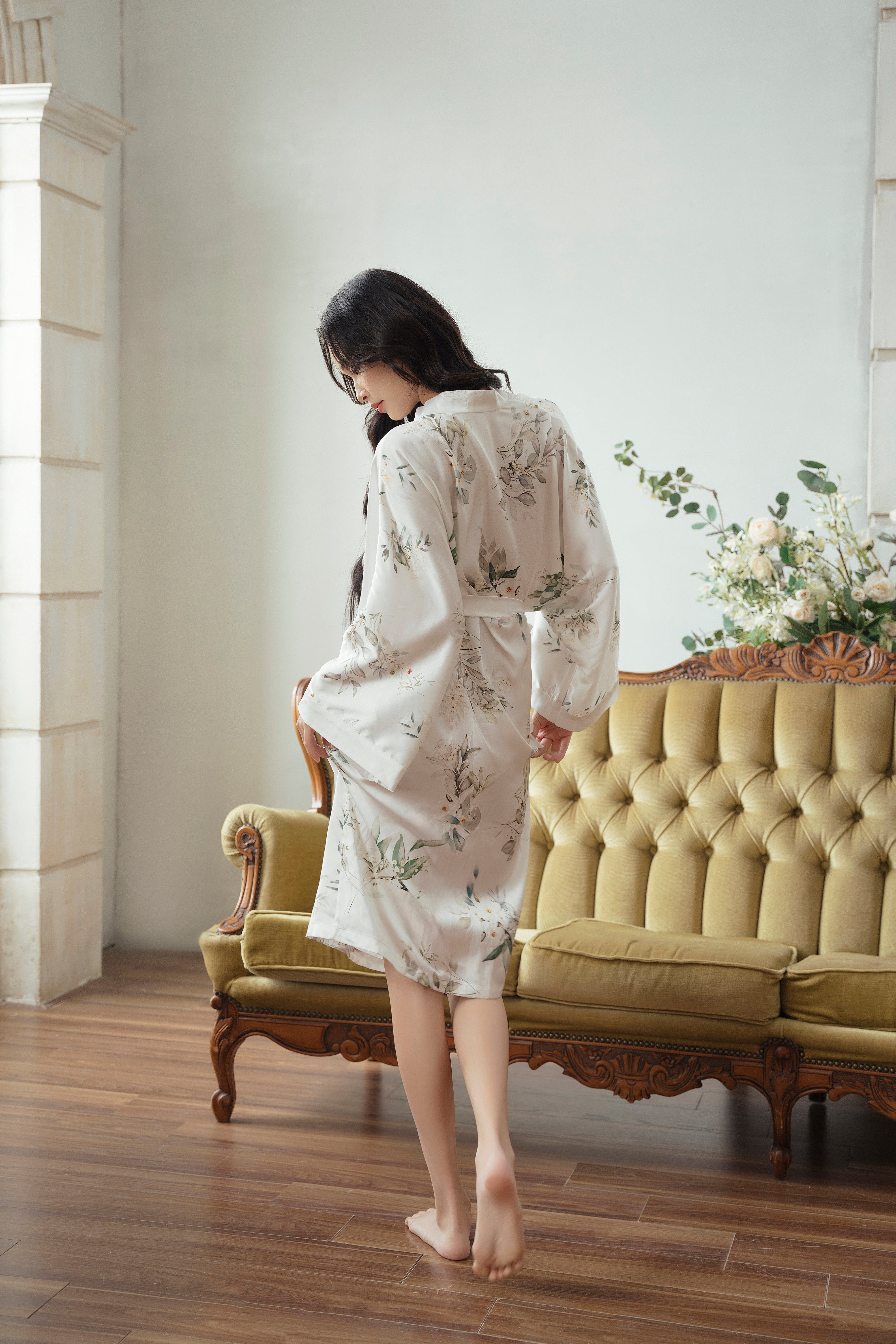 Silk Floral Print Short Robe