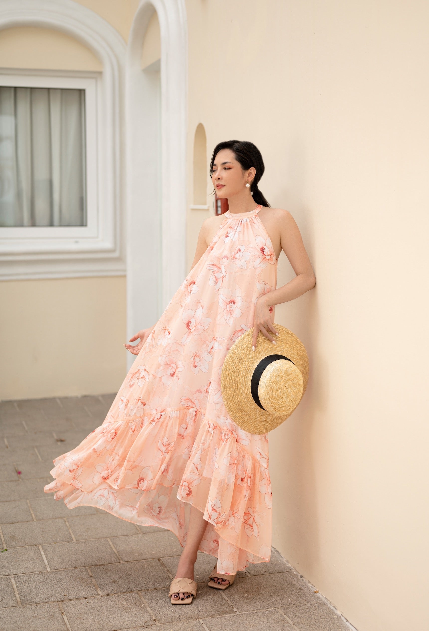 Đầm Xoè Hoa 3D Xanh Cổ Vuông Dập Ly Tay Loe Voan Cao Cấp Sandra Dress