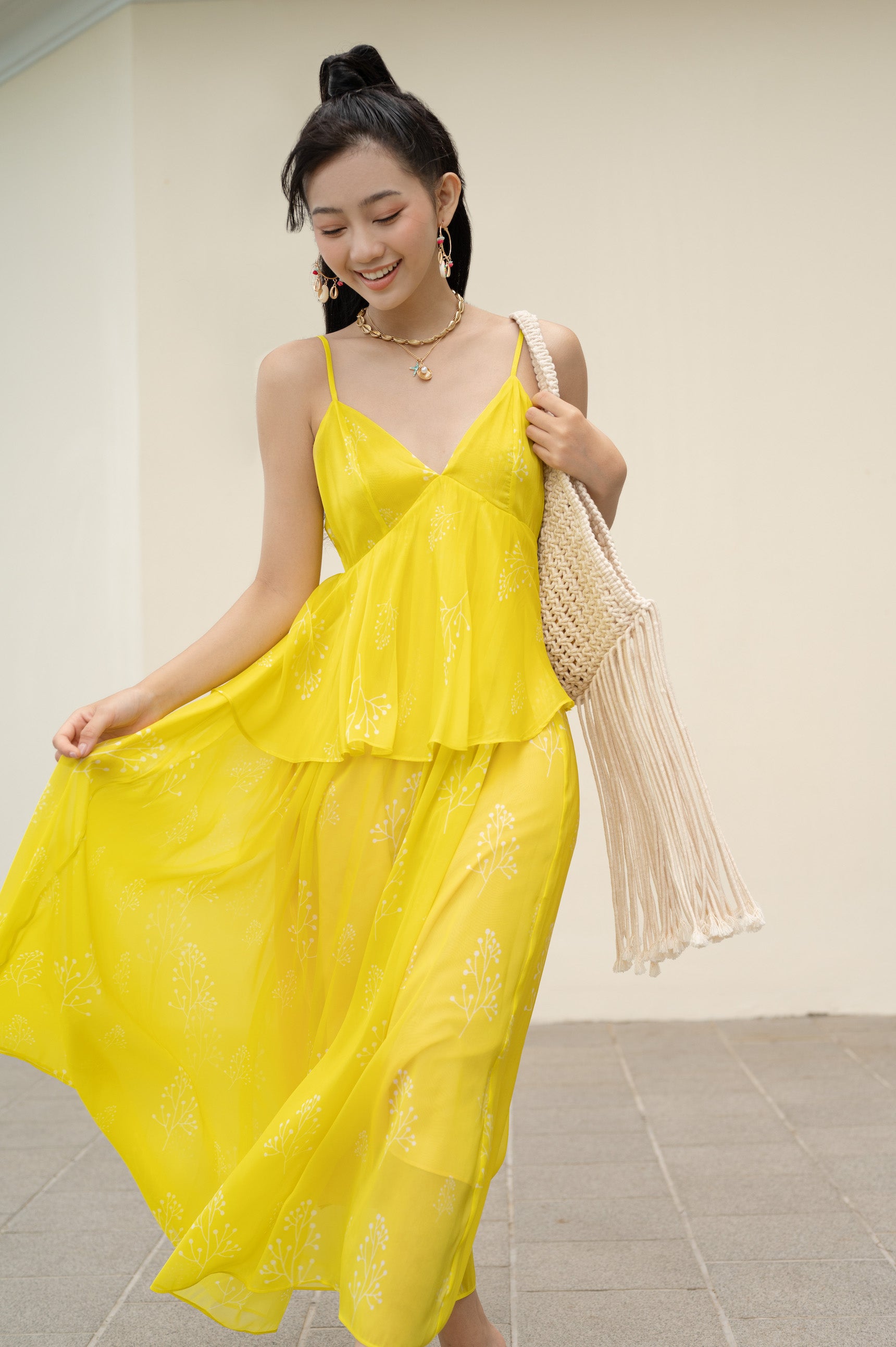 Yellow Two-Tiered Heart Neck Maxi Dress